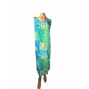 Vintage Big Hed Designs Blue Green Rayon Maxi Dress Small USA